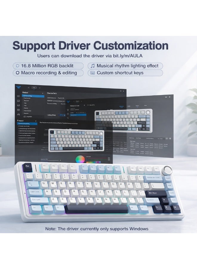 AULA F75 mechanical keyboard, custom hot-swappable switches with gaskets, pre-lubricated Reaper switches, RGB backlighting, 75% wireless gaming keyboard, 2.4GHz/Type-C/BT5.0, cream (glacier blue) color. - Image 5